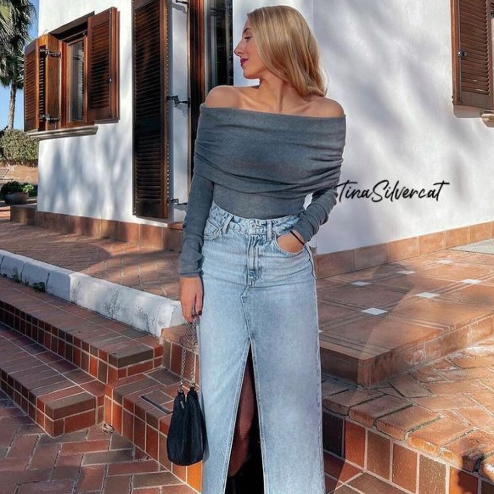 Zara Off The Shoulder Knit Top Dark Gray NWT